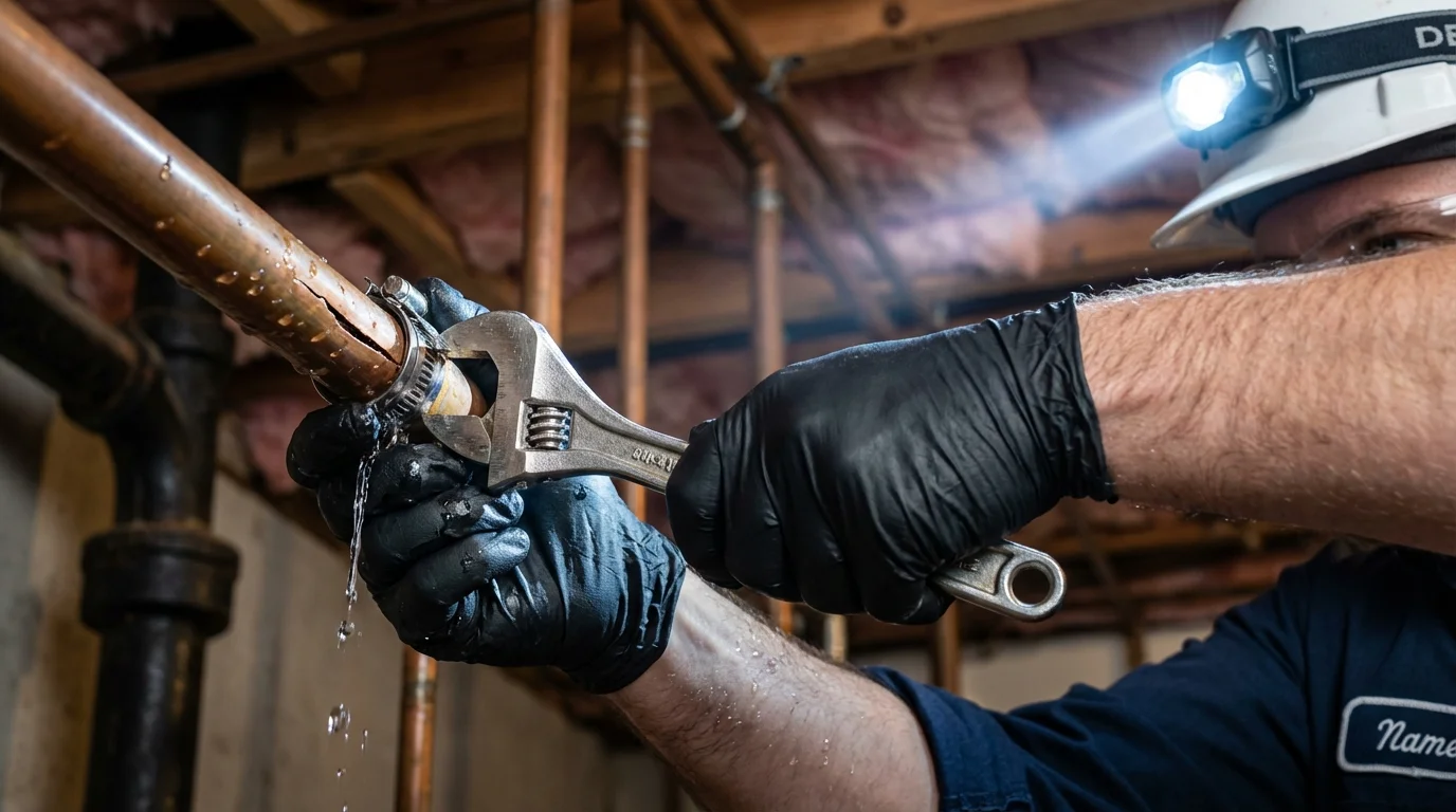 Emergency pipe clamp repair being performed by a Johns Plumbing LLC plumber in Campbell