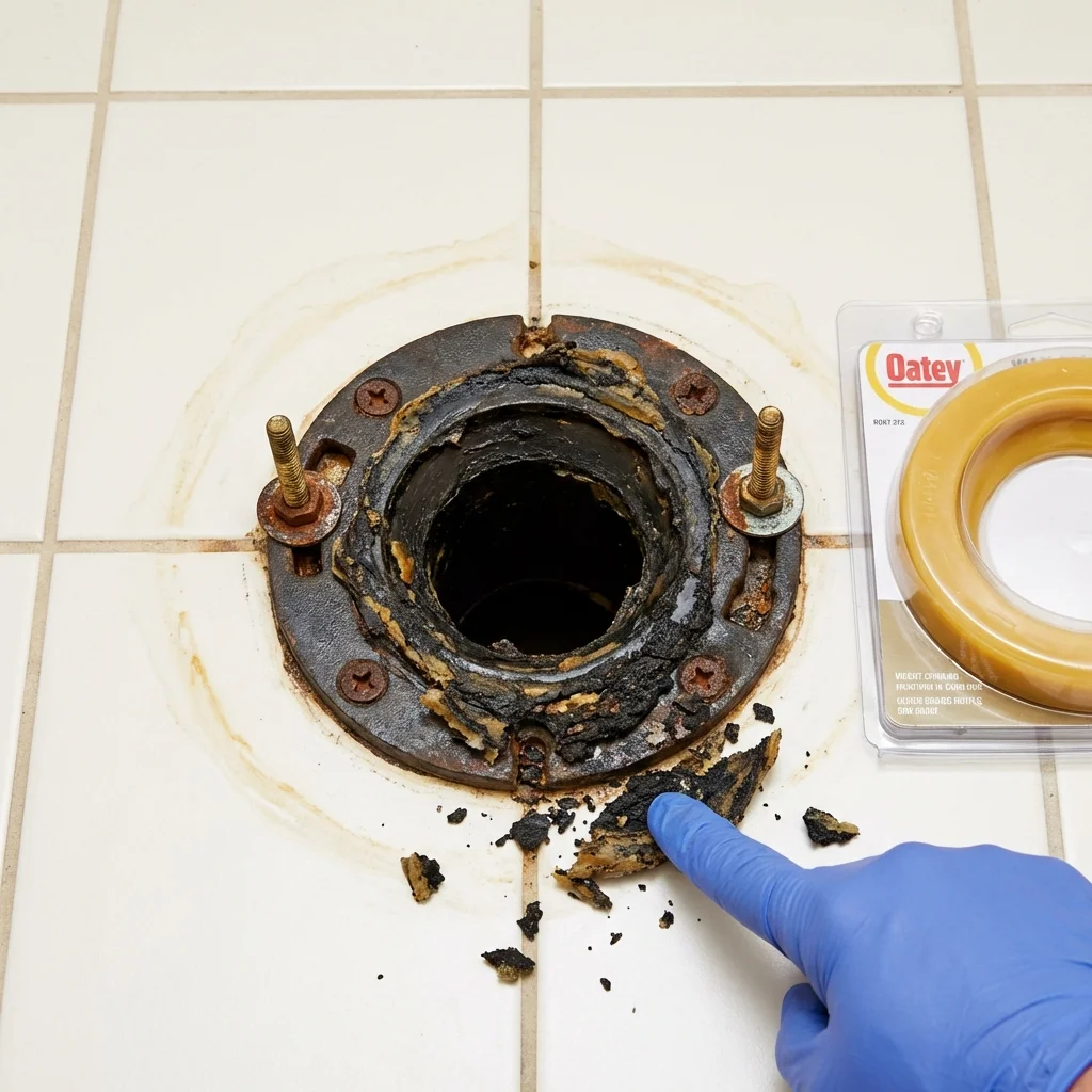 Failed wax ring showing water seepage at the base of a toilet in a Campbell, MO home