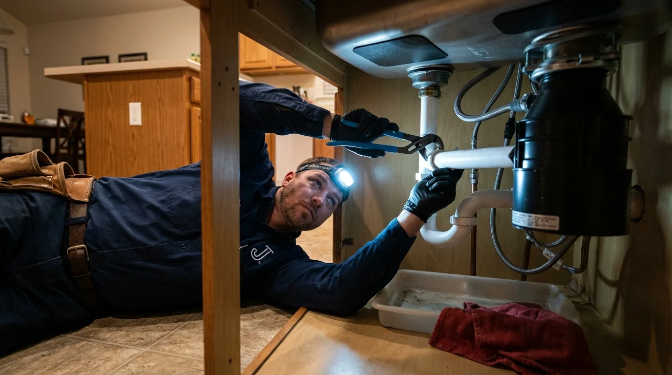 P-trap and supply line connections under a kitchen sink showing a common leak point in Campbell, MO